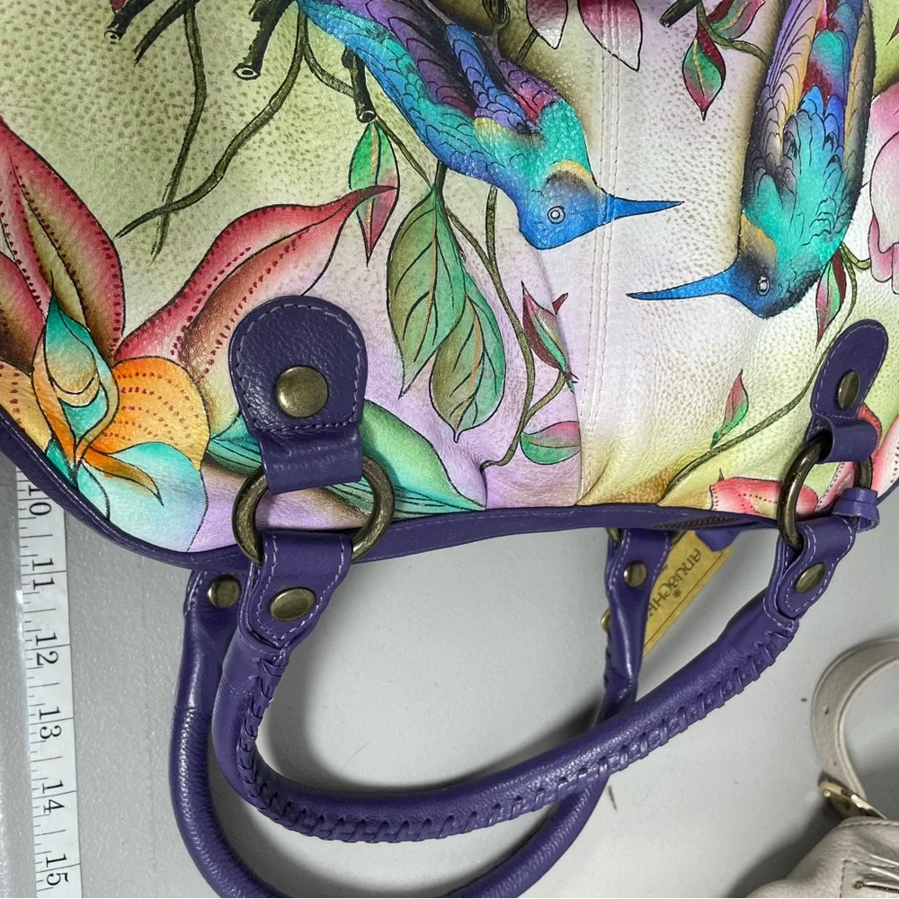 ANUSCHKA Hobo Bag Hand Painted Leather Purse Birds Tropical Flowers - Picture 10 of 15